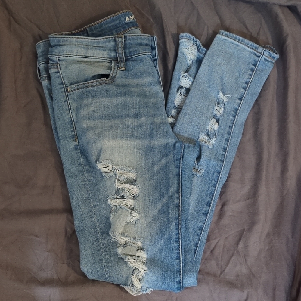 American Eagle Outfitters Blue Skinny Jeans Distressed Design